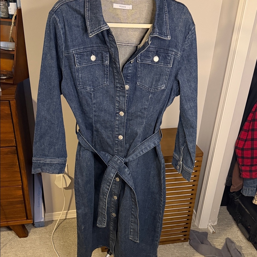 Denim Button-Up Shirt Dress with Tie Belt - Dark Blue
